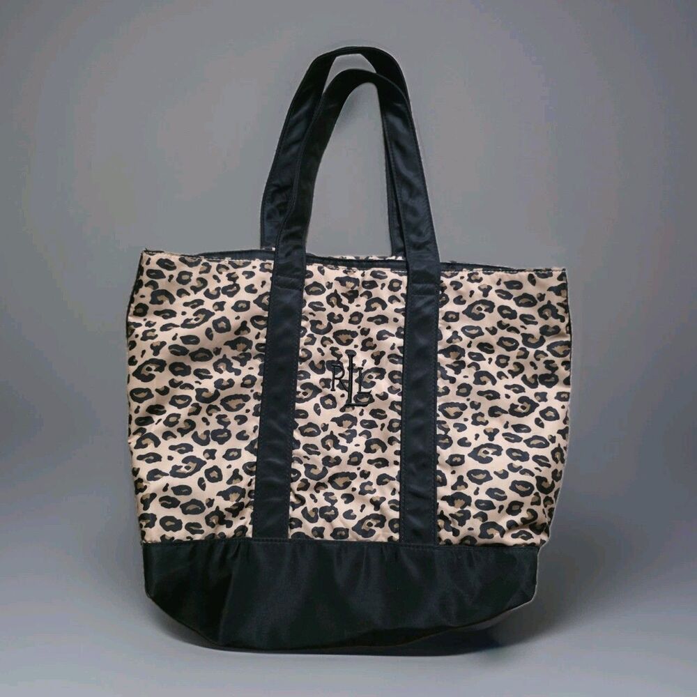 Lauren Ralph Lauren Leopard Print Tote Bag Black Trim & Handles Travel Resort